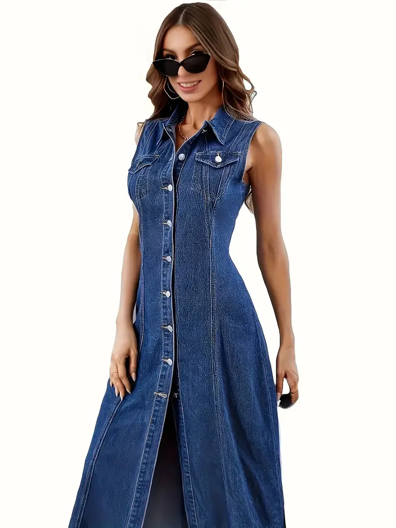 stretchy sleeveless denim midi dress with classic collar button     machine washable blend   spring summer fall denim dress Product details 4