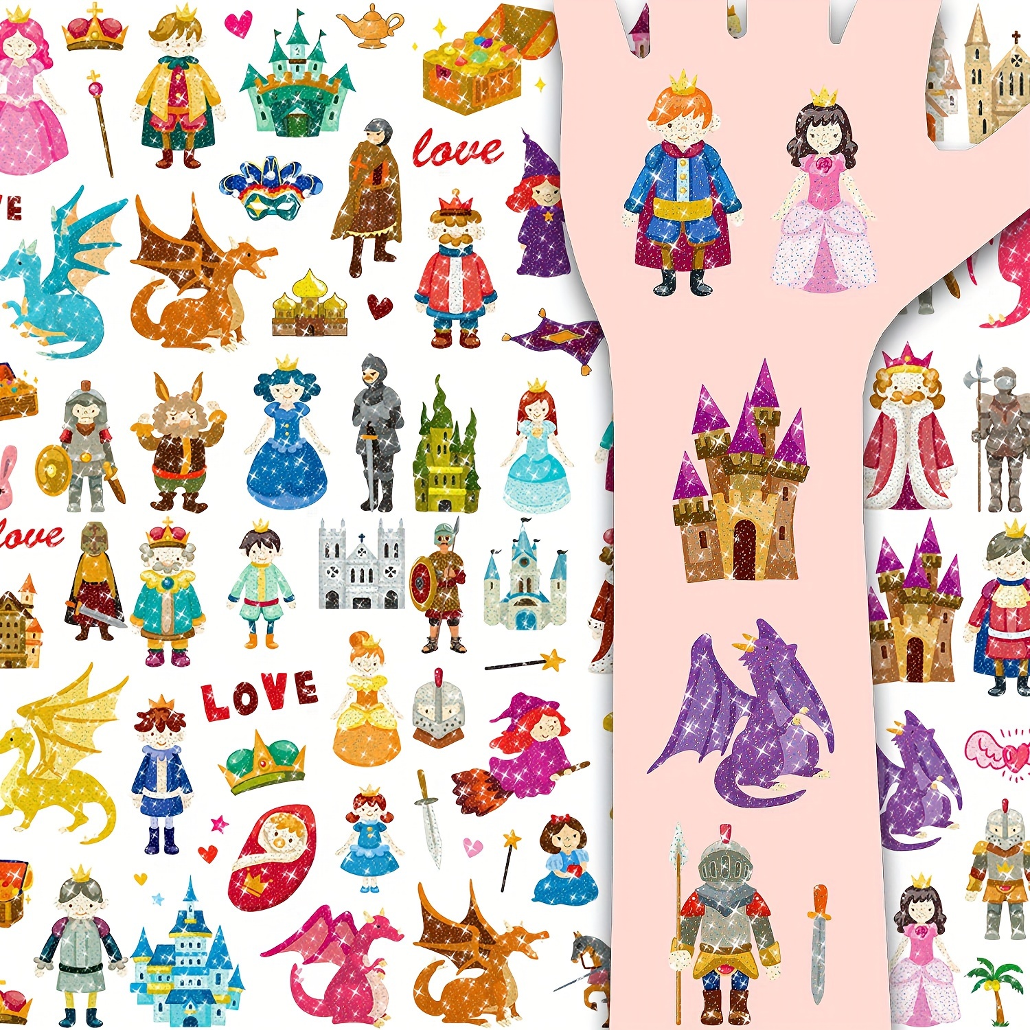 

10-piece Sparkling Princess & Castle Temporary Tattoos - Waterproof, Fun Cartoon Dragon & Designs For Arms And Body - Perfect Makeup Accessory For Girls