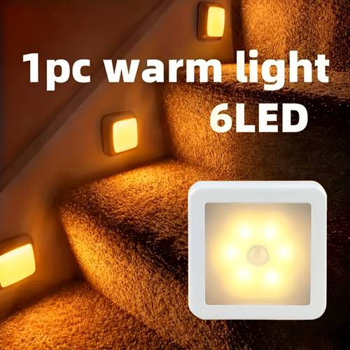 inteligentny czujnik ruchu 6-led lampka podłogowa/sufitowa/ścienna - bezprzewodowa, ip44, automatyczne włączanie/wyłączanie, oszczędność energii, łatwy montaż plug-and-play, nowoczesny kwadratowy design. idealna do korytarzy, schodów, salonów, sypialni (baterie nie dołączone). doskonała do dekoracji