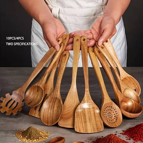10 4 piece wooden kitchen utensil set natural wooden spoons tools ideal for stirring mixing serving durable home cooks great gift for mothers day fathers day christmas etc note text