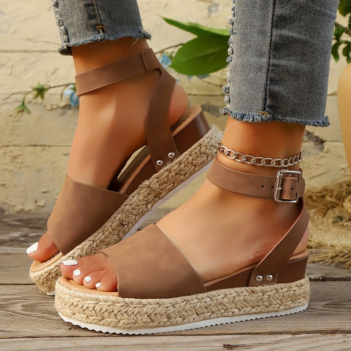 Women'S Casual Wedge Sandals with Rope Detail Thick Sole, Black Ankle  Strap Closure, Open Toe *-Heel Casual Footwear Rope Sandal Detail 