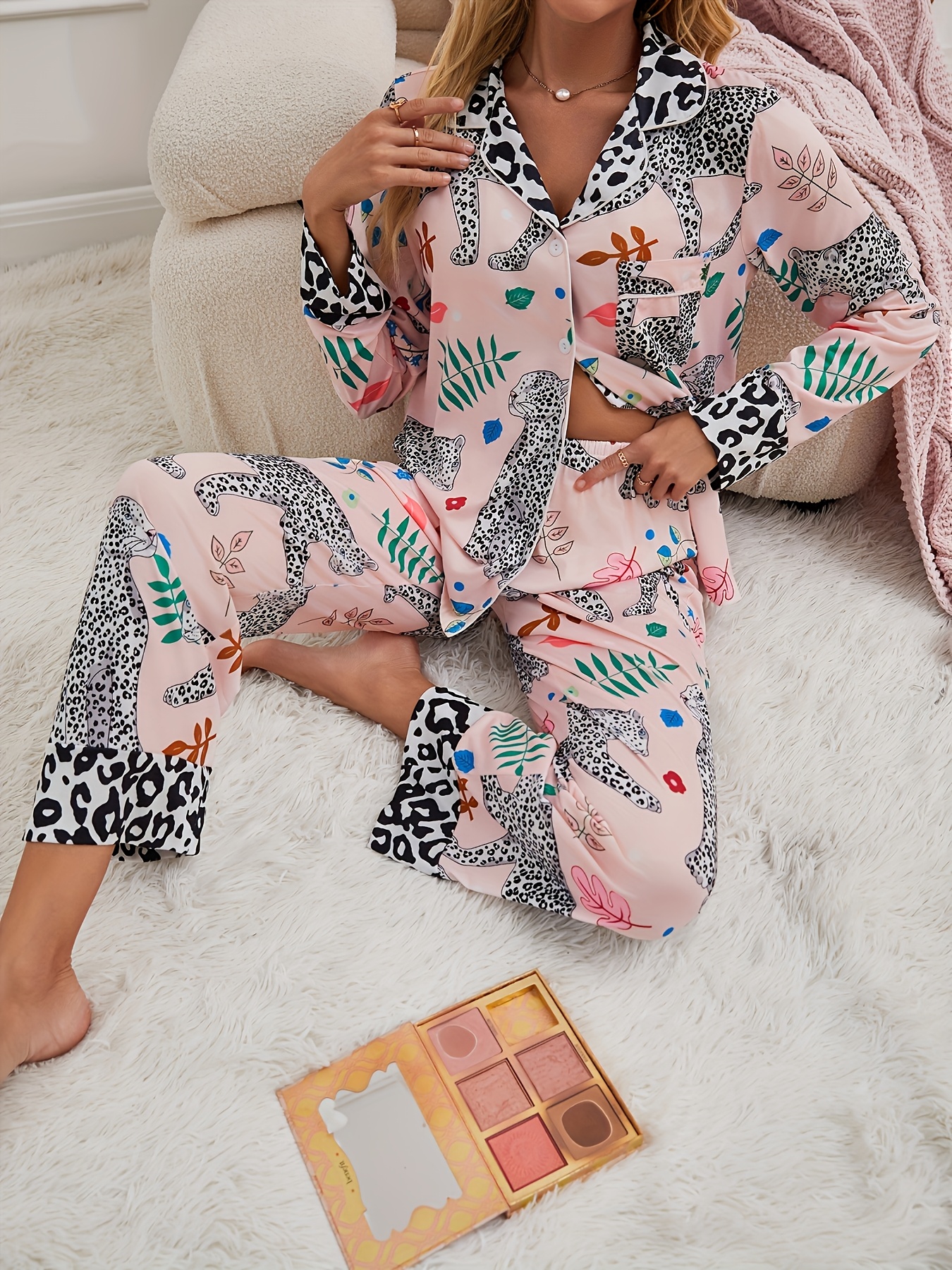 womens leopard print pajistuitable for 2pcs sleepwear suit collar button front nightgown matching pants machine washable pajamas for 2pcs