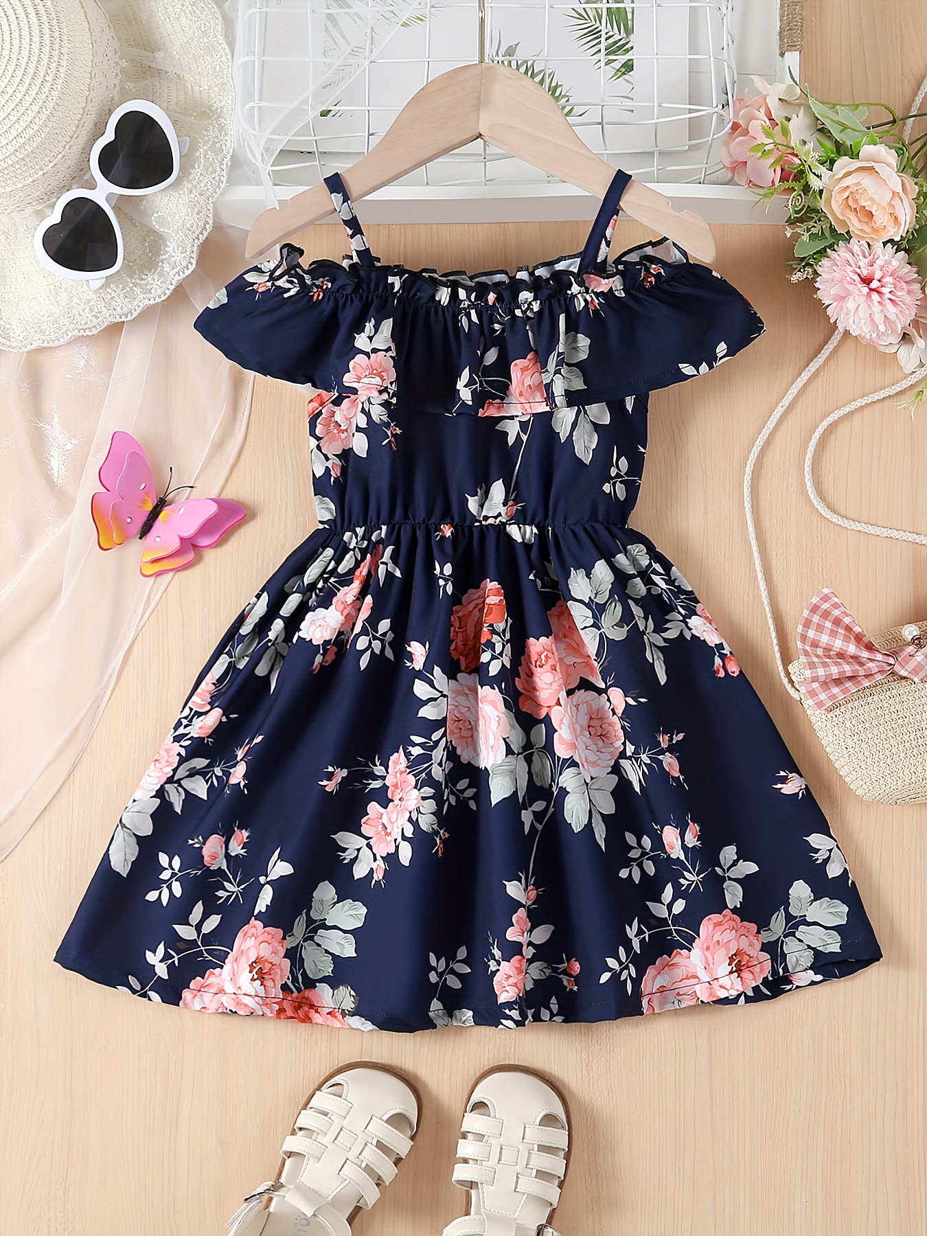 Vestido de princesa con estampado de flores y detalles de volantes en los  hombros para niñas pequeñas, ideal para fiestas, vacaciones en y ropa 