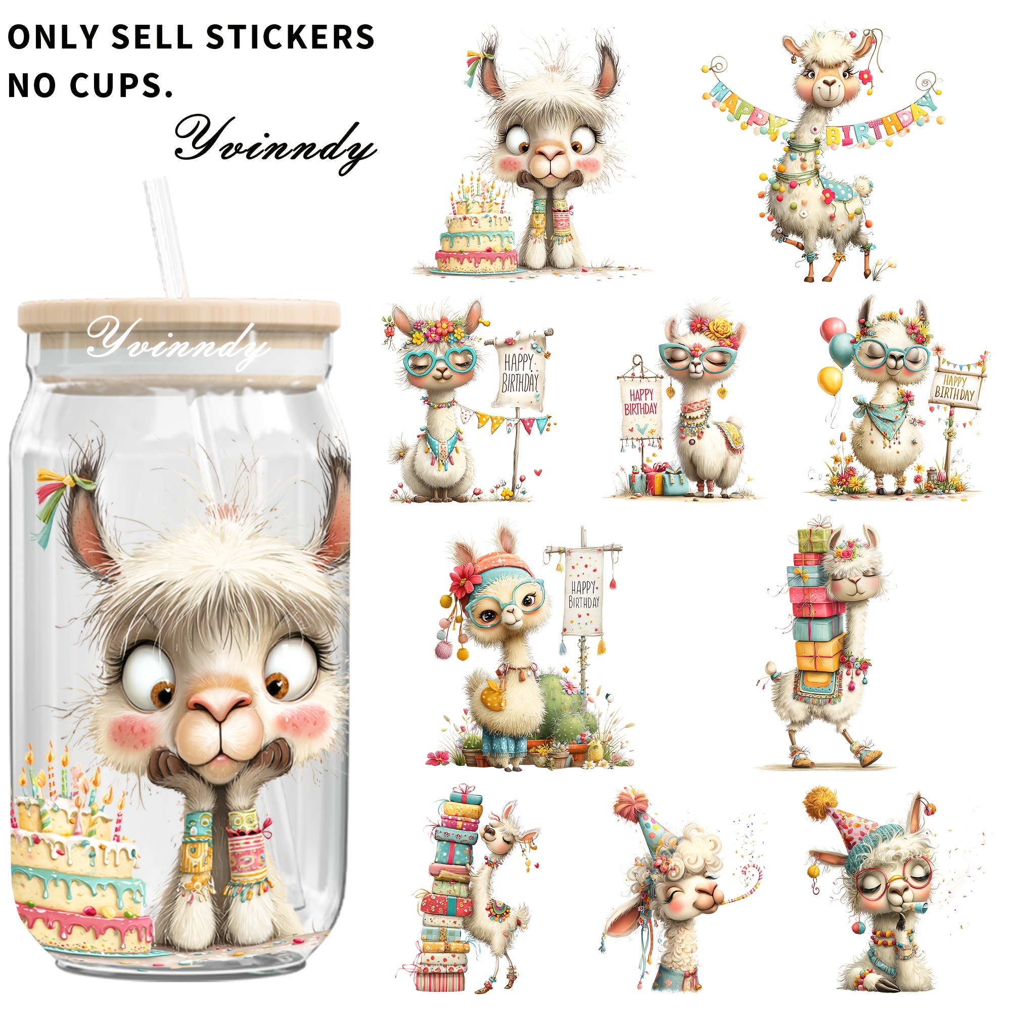 4pcs/set Happy Birthday Alpaca Uv Dtf Transfer. Waterproof And Scratch-resistant, . High-quality Handmade Decorative, Suitable For Projects, By Craft Enthusiasts