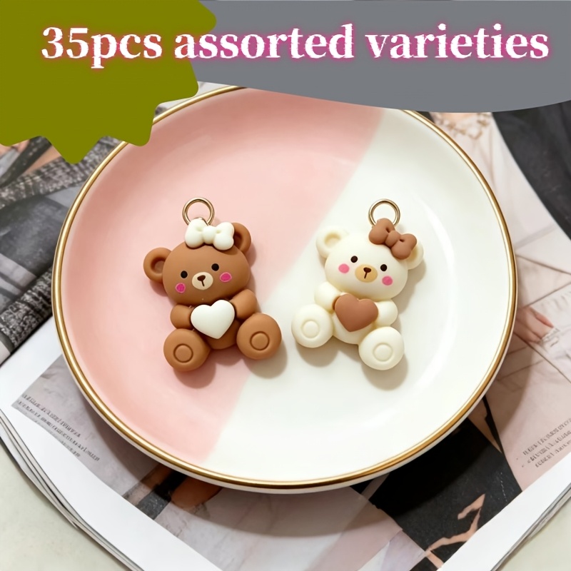 TEMU 35pcs Random Mixed Colors New High-quality Fashionable Vibrant Resin Coffee-colored Bow Heart Bear Pendants - Suitable For Making, Earrings,