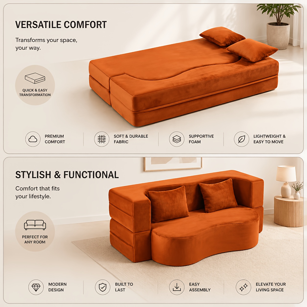 Sofa Bed That With A Foldable Design, Versatile Sleeper Sofa Ideal For Living Rooms And Apartments, In Orange Color, Measuring 180*70*55 Cm