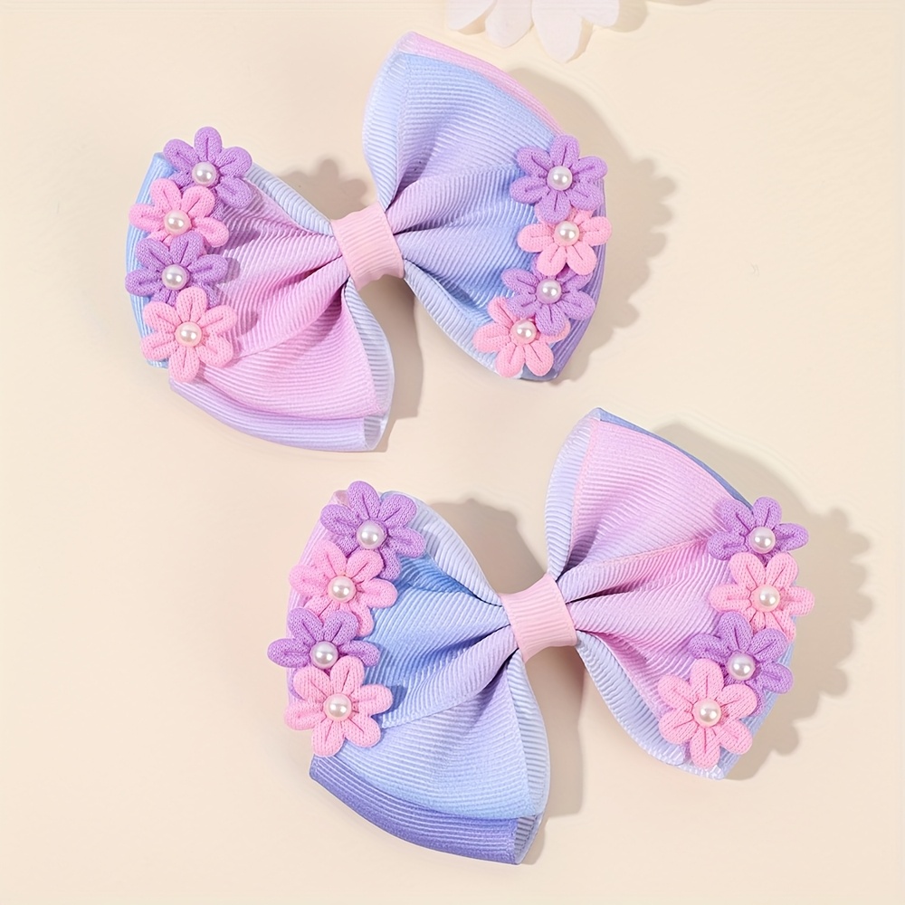 Image of 2pcs Flower Bow Hair Clips For Gradient Grosgrain Ribbon Polyester Non-woven Fabric Barrettes Fashion Hair Accessories Perfect For Birthday Parties & Celebrations