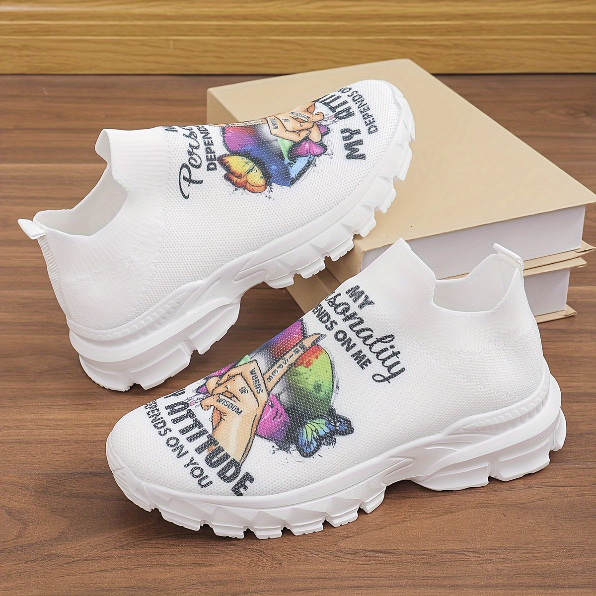 

Women's Knitted Sock Sneakers, Rainbow Lip & Letter Pattern Slip On Sports Shoes, Casual Breathable Walking Trainers