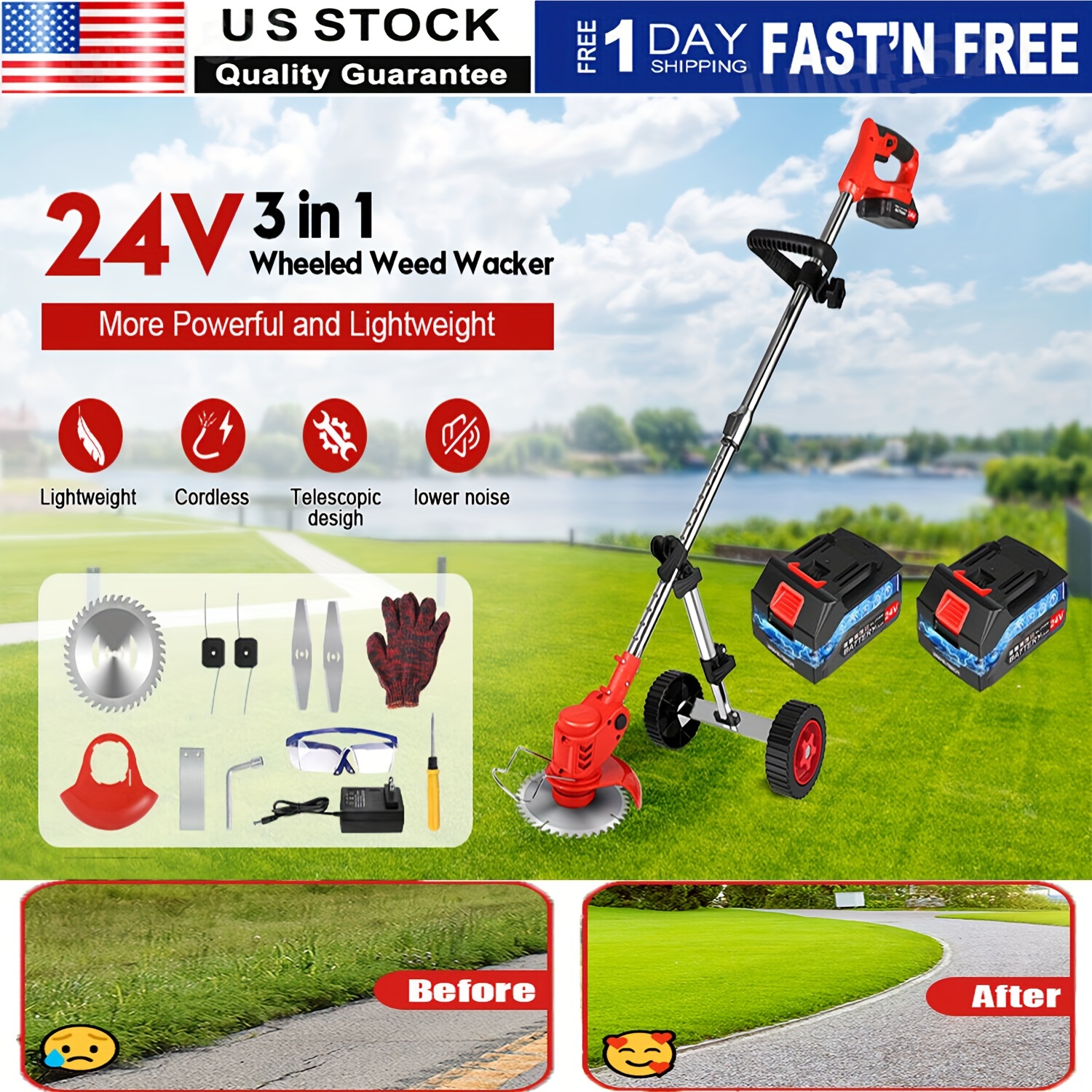 

Electric With Wheels, 2000mah 21v Battery Operated Cordless, 3 In 1 Lightweight Edger Brush Cutter Trimmer, Stringless Grass Trimmer Mower W/ 2 Battery 1 Charger