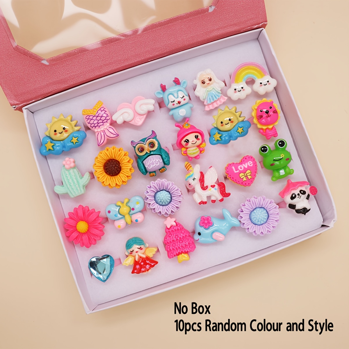 TEMU 10pcs Kids Cute Cartoon Fashion Resin Rings For Girls, Daughters & Granddaughters, Owl, Flower, And Animal Designs, Casual Attire And As Gifts