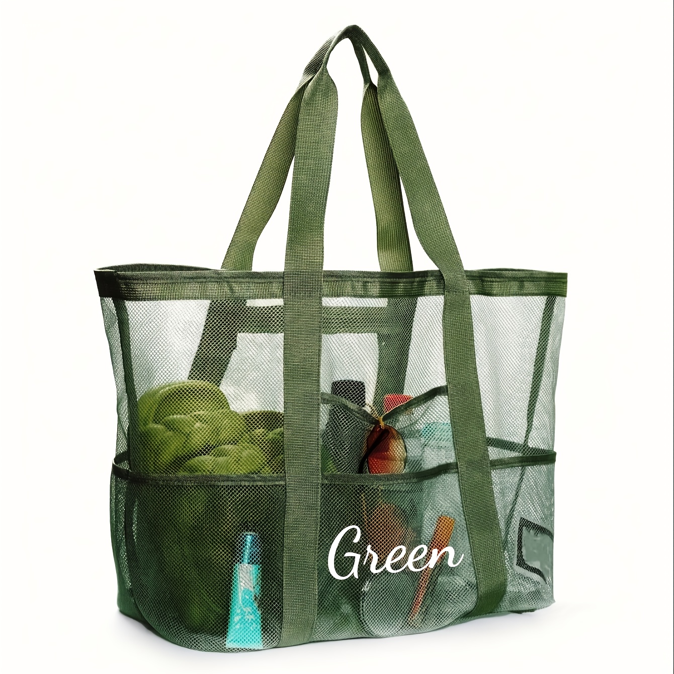 TEMU 1pc Embroidered Custom Solid Mesh Tote Bag, Summer Beach Swimming Storage Bag, Lightweight Foldable Large Capacity Multi-functional Travel