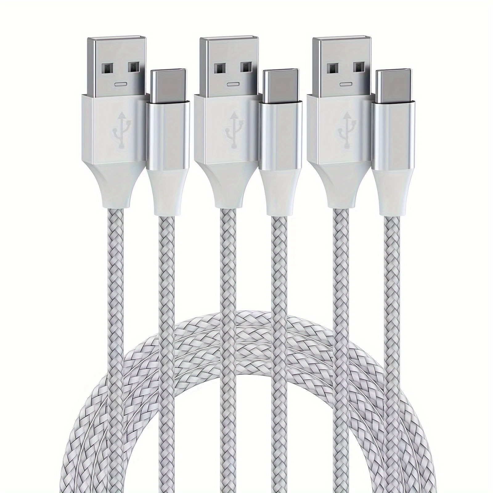 * 3-Pack Nylon Braided USB C Cable Fast Charging Set, Flat USB-A to Type-C Charger with Data Transmission, * Cord for iPhone 15, Samsung