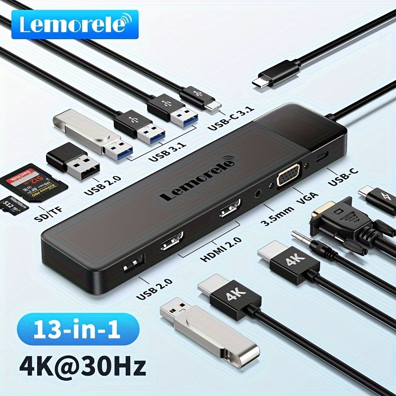 TEMU Station d'accueil 13 en 1 HMTV * 2 Support 4K@ Interface VGA Interface USB3.0 Interface USB-C Emplacement pour carte SD/TF Audio 3.5 multi en un