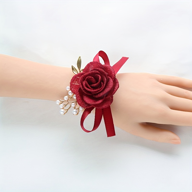 

1pc European Style Burgundy Elastic Wrist Corsage With Pearl Bracelet, Fabric Rose & Golden Leaf Detail, Bride & Bridesmaid Floral Accessory For Wedding