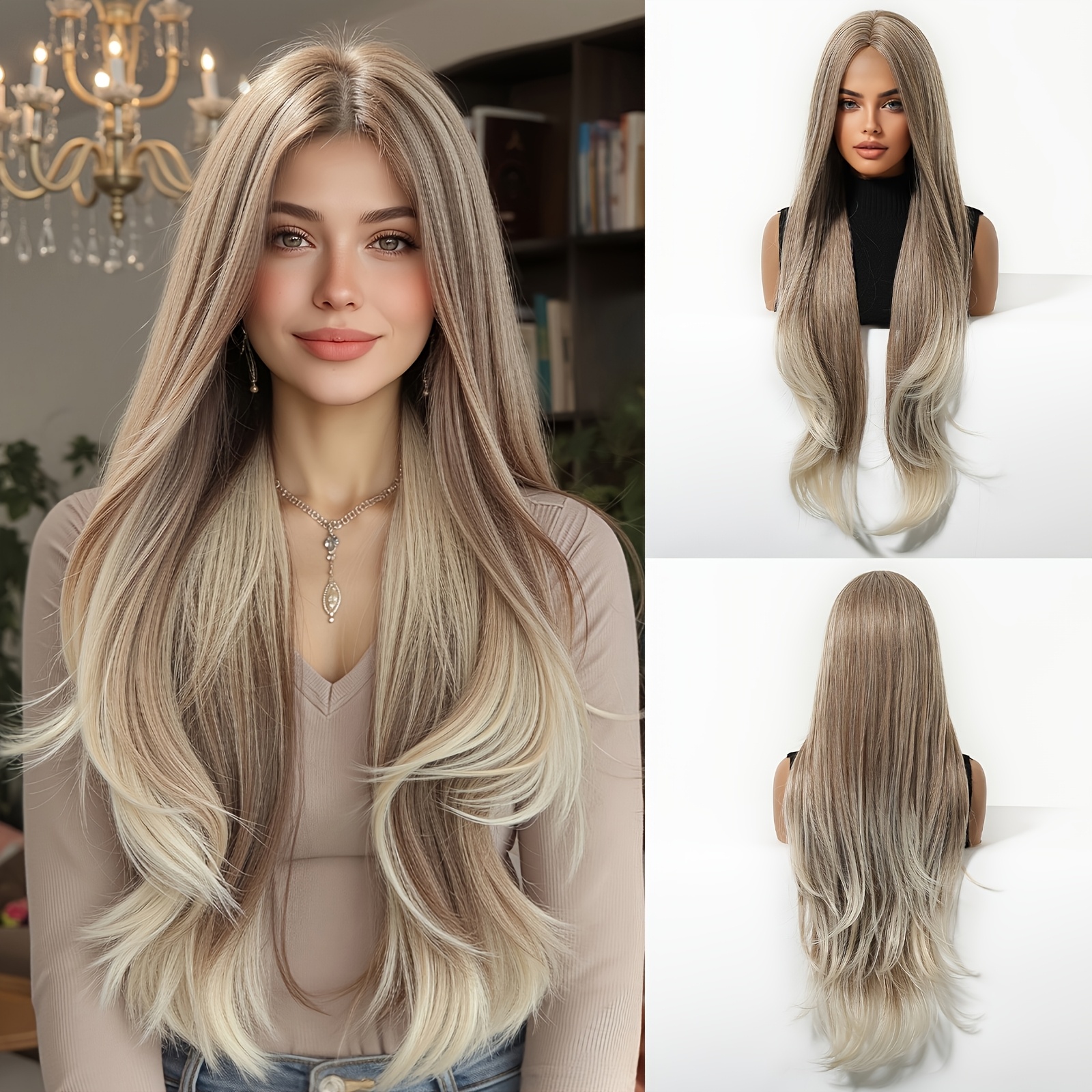 TEMU Perruque longue de 32 pouces à dégradé, perruque ondulée volumineuse et naturelle, adaptée pour , le shopping, les spectacles, Halloween,