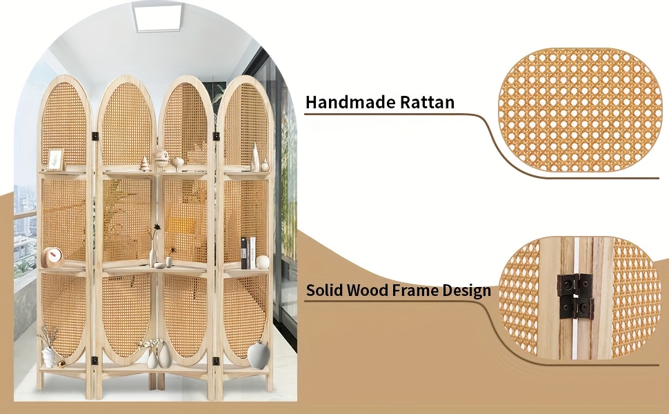 Four-Panel Wooden Room Divider, Collapsible with a Hand-Woven Rattan Privacy Screen - Room Partitions Featuring Three Display Shelves, Ideal for Home, Office, Study, Or Art Exhibitions