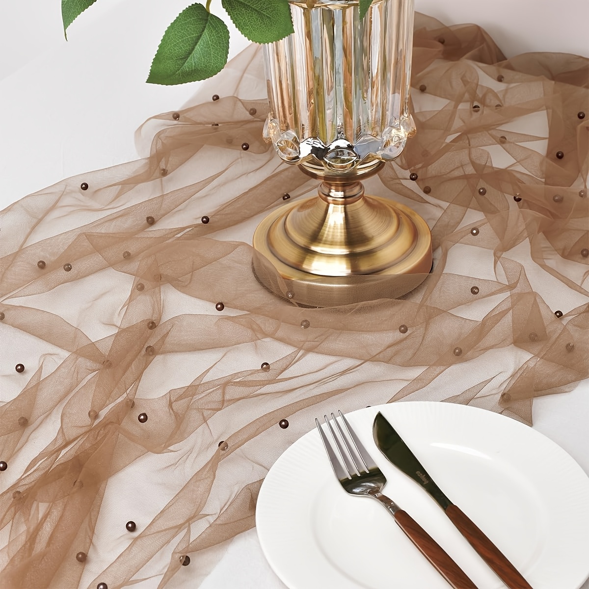 Image of 10ft Pearl Table Runner 30x120 Inch Nude Brown Tulle Fabric | Boho Rustic Sheer Table Runners Lace Table Cloth For Wedding, Bridal Shower, Birthday