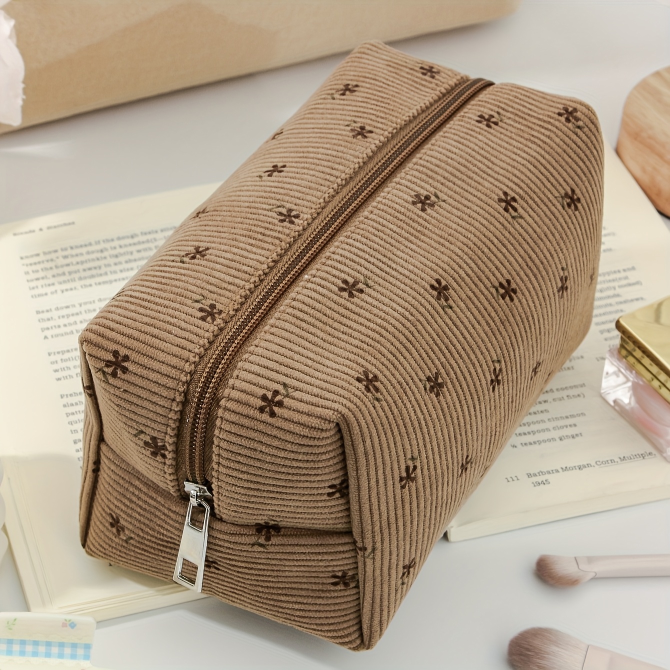 TEMU Corduroy Brown Floral Quilted Octagonal Cosmetic Bag, Square Sanitary Napkin Storage Bag, Large Capacity Portable Travel Cosmetic Storage Bag,