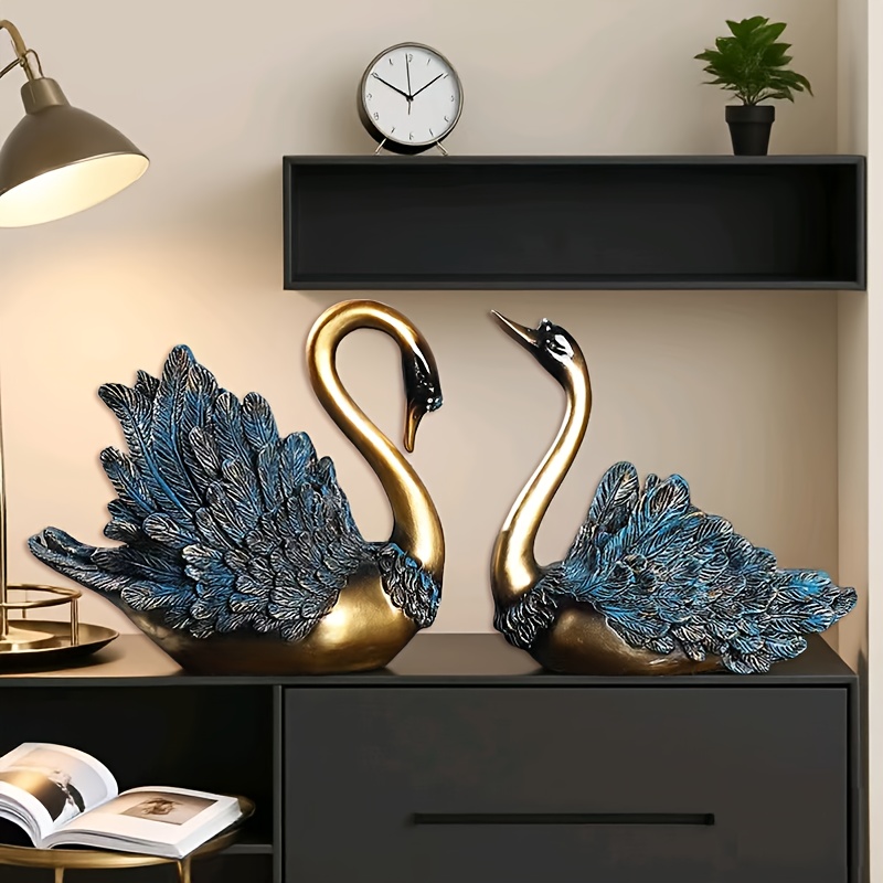 A Pair of Swan Statues – Luxurious Golden And Blue Resin Decorations for Living Room, Wine Cabinet, And TV Cabinet | Modern Home Decor Swan Decorations Desktop Ornaments Restaurant Wall Decorations Wall Stickers Decoration Office Entrance Ornaments