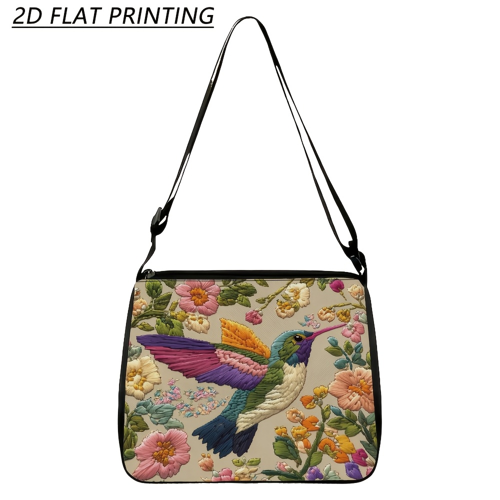 TEMU 1pc Adjustable Crossbody Bag With Hummingbird & Floral Embroidery, Lightweight Purse Suitable For Daily Use, Casual , Weekend Trips, , Zipper