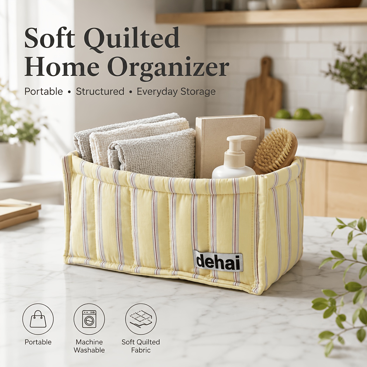 TEMU Panier de rangement - Panier organisateur doux matelassé , panier de rangement en tissu rayé lavable en machine pour collations, articles de