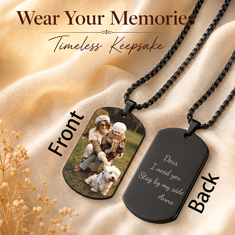 TEMU Personalized Heat Sublimation Photo Dog Tag Necklace, Customizable Engraved Text Picture Pendant, Made Of 304 304 304 304 Stainless Steel, Is A