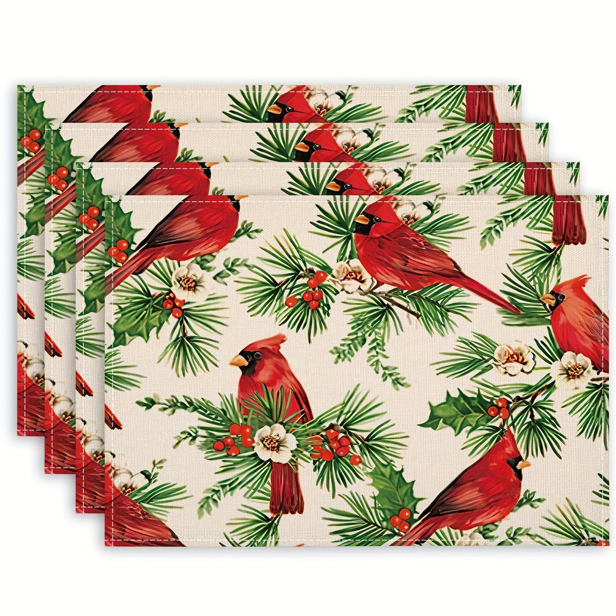 

Christmas Linen Placemats Set Of 4, Bird And Pine Branch Print, Hand Wash Only, Rectangular Table Mats For Holiday Dining Decor, 16.53" X 12.6", Woven Fabric, 100% Linen