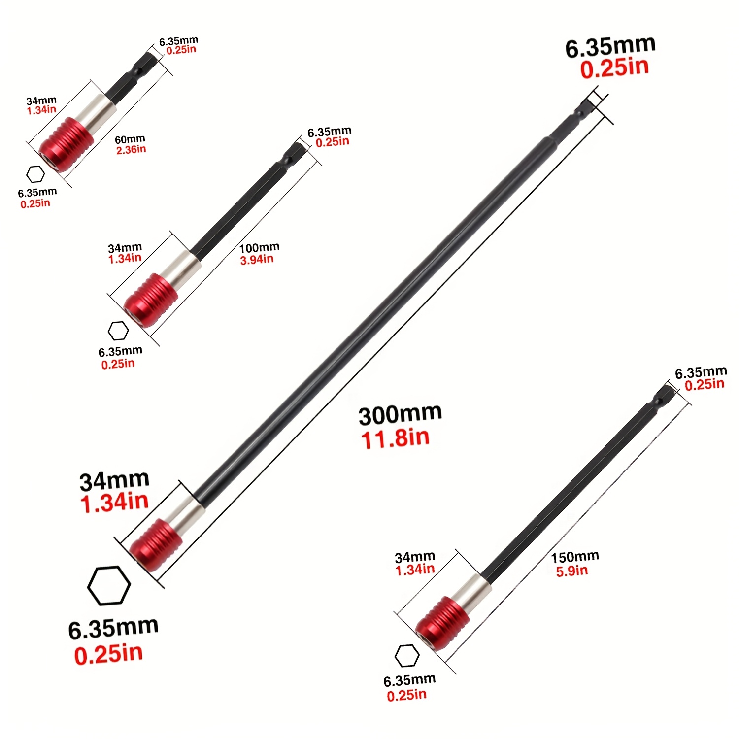 TEMU Jeu de 3/4 pièces de porte-embouts à dégagement rapide rouge, longueurs 60/100/150/300 mm, barre d'extension à queue hexagonale 1/4", haute ,