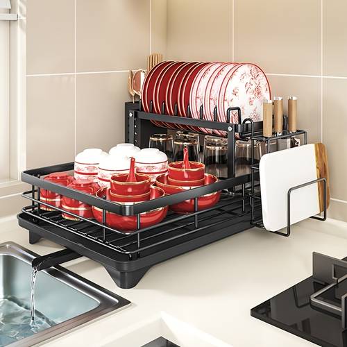 kitchen accessories organizers and storage 1 cabinet over the sink dish rack removable larger capacity 2 tier dish rack drain board with double dish rack drain board sticky board holder utensil holder black