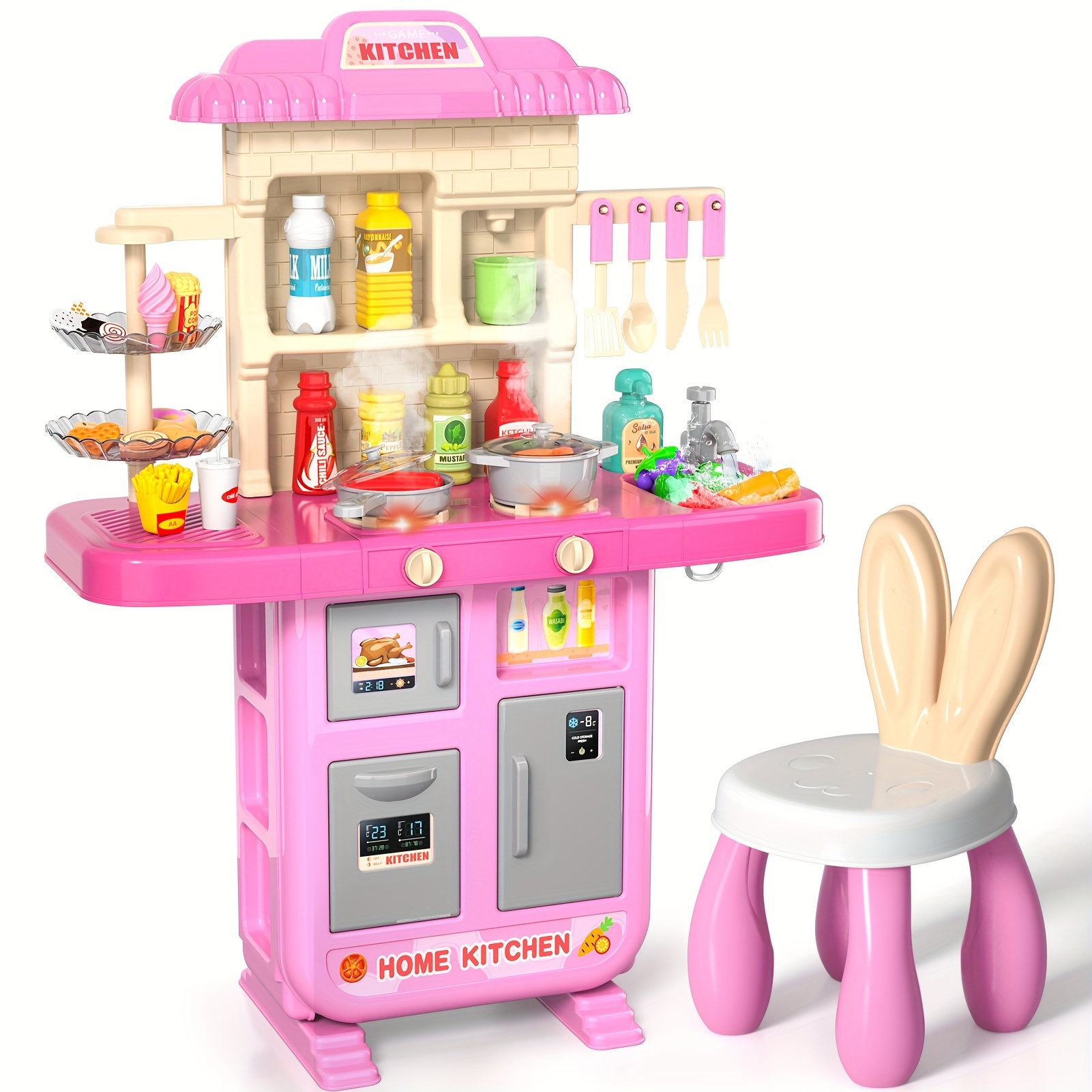 

Kids Play Kitchen Playset For Girls, Toy Pretend Play Food Toy With Chair For Girls Kids 3-8, Kitchen Accessories Set With Light Sound Spray, For Kids Girls