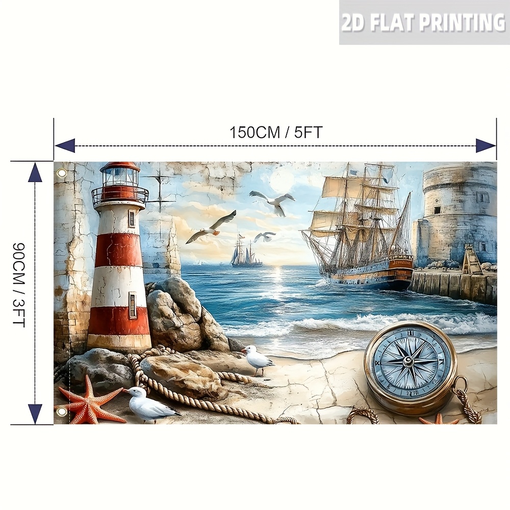 TEMU 1 Stück Nautische Strandlandschaft Flagge - 150x90cm, Langlebiges Polyester-Außenbereichsdekoration mit , Segelbooten, Kompass & Möwen-Design,