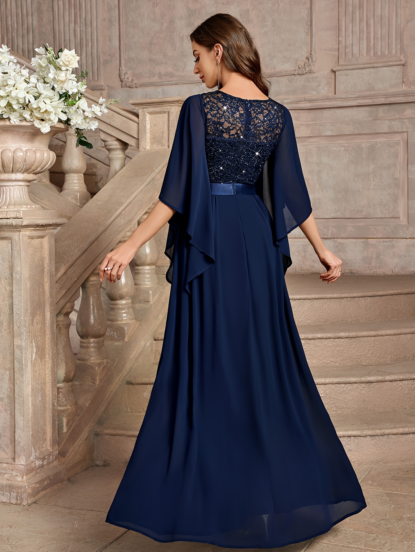 Women's Elegant Maxi Dress Formal Party Wedding Gala Gown with Cape Cloak  Sleeves, Flowy Ruffle Hem, Beige/ Pastel colors, Hand Washable for