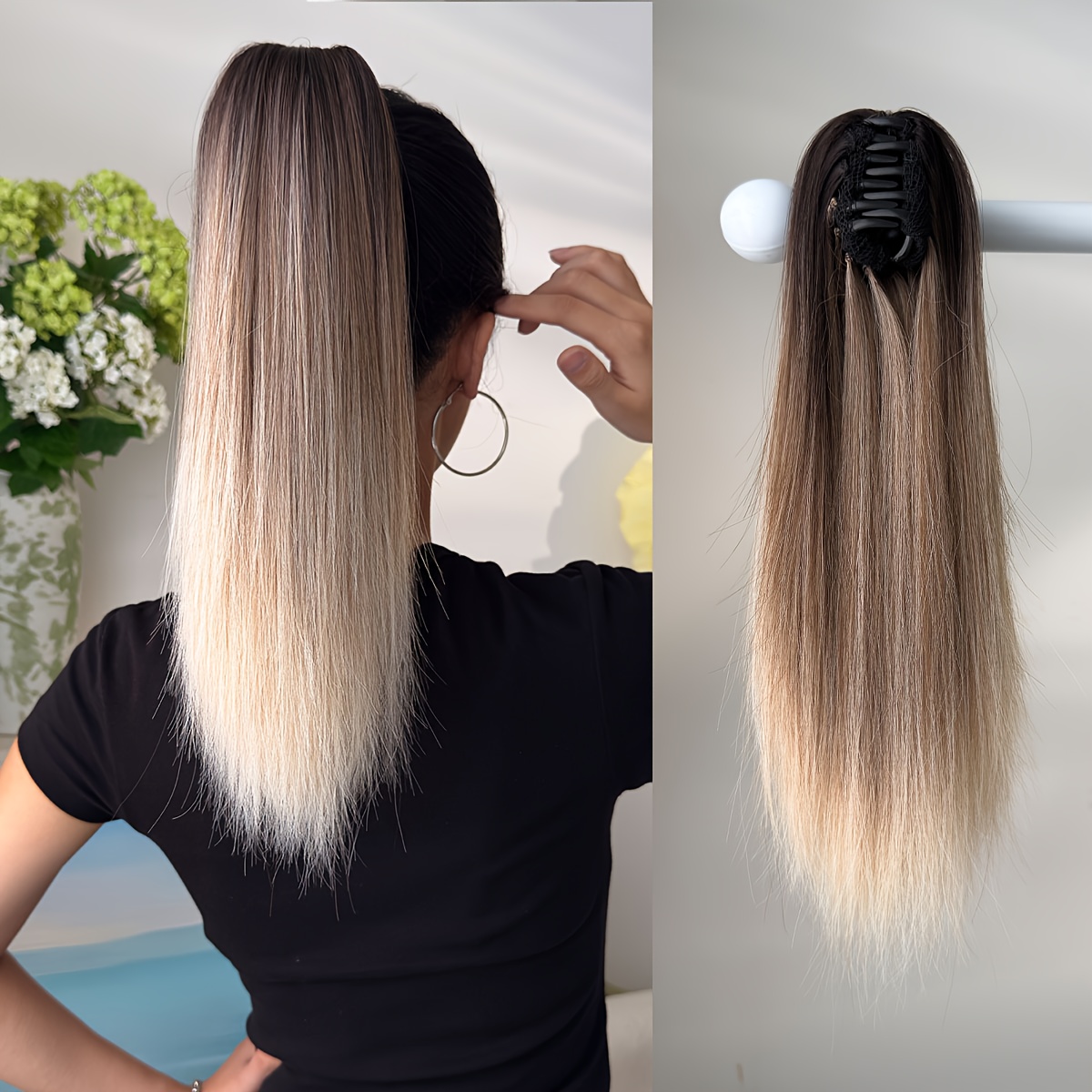 E-shop Klauenförmige Pferdeschwanzverlängerung Haaraccessoire, Schwarz, , Burgunder, Rotverlauf, 16 Zoll Gerade Hitzebeständige Faser Synthetische