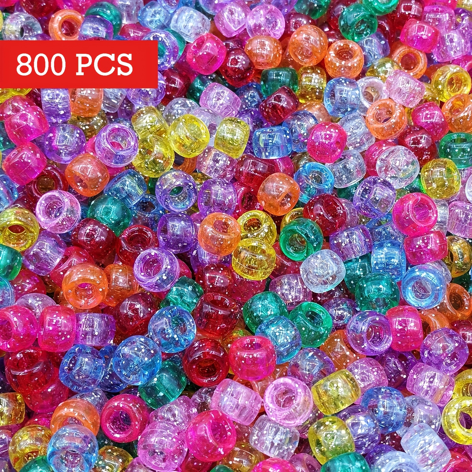 TEMU 800pcs 6x9mm Mixed Random Colors Glitter Transparent Mix Plastic Pony Beads - Crafts & Jewelry Supplies