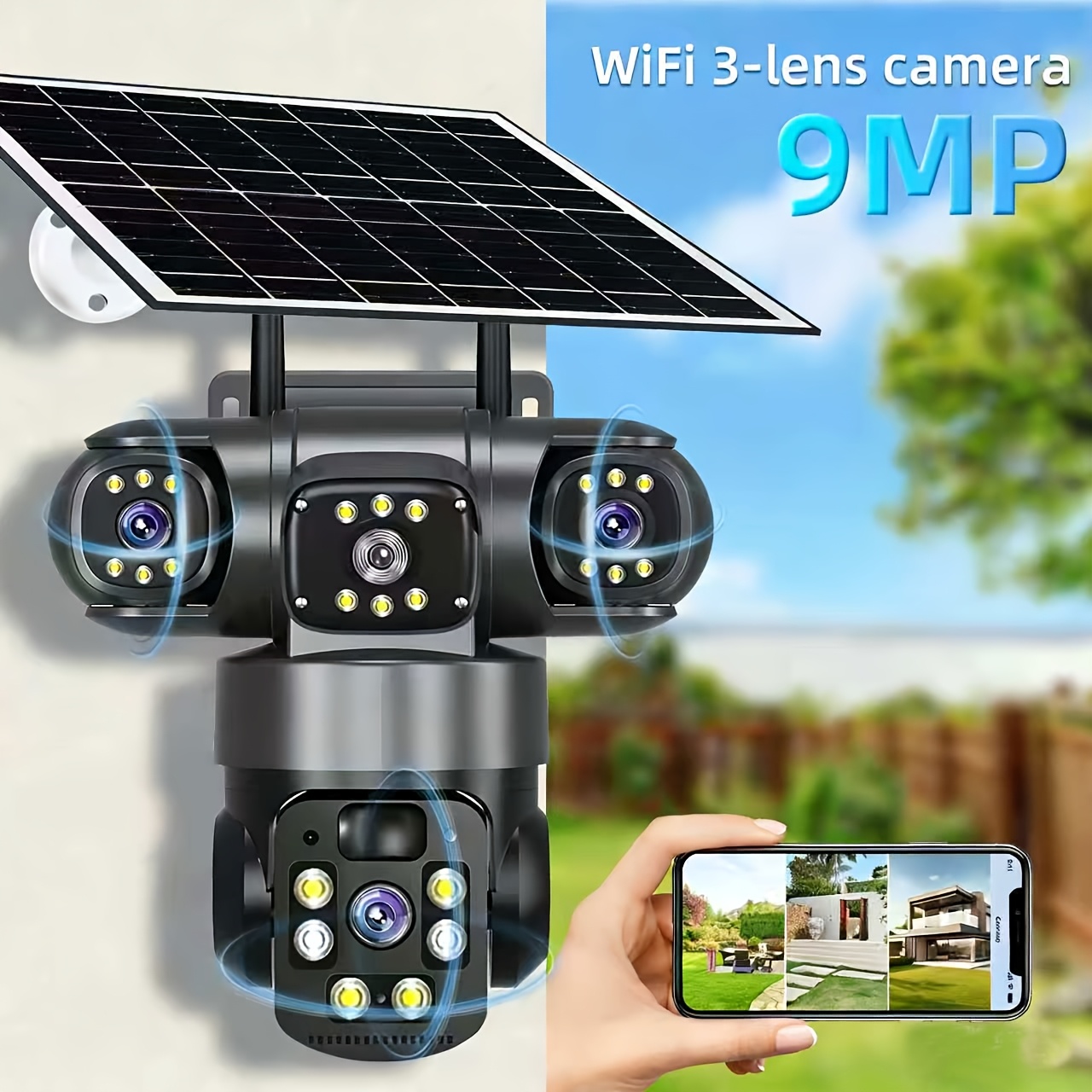 TEMU High Definition 4k/9mp | Wireless Outdoor Solar Powered Security Camera – 2.4g Hz , 360° Panoramic View Ptz Camera, 3-lens, Pir Human Detection,