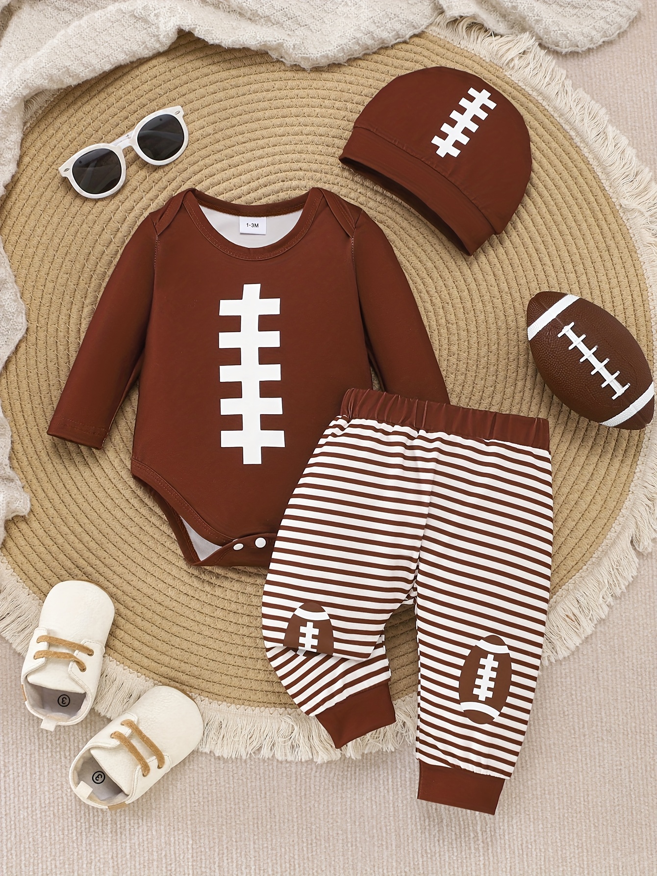 3pcs Boys' Football Pattern Long Sleeve Triangle Tank Top and Striped Pants + Hat Casual Set, Perfect for Outdoor