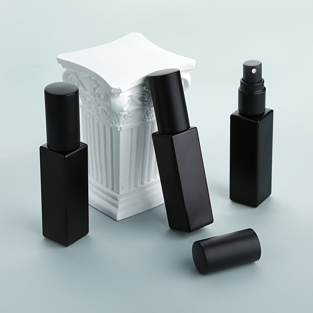TEMU Juego de 3 frascos de perfume de vidrio grueso cuadrado electrochapado negro mate de lujo ligero de 10 ml, frasco vacío, boquilla de niebla fina