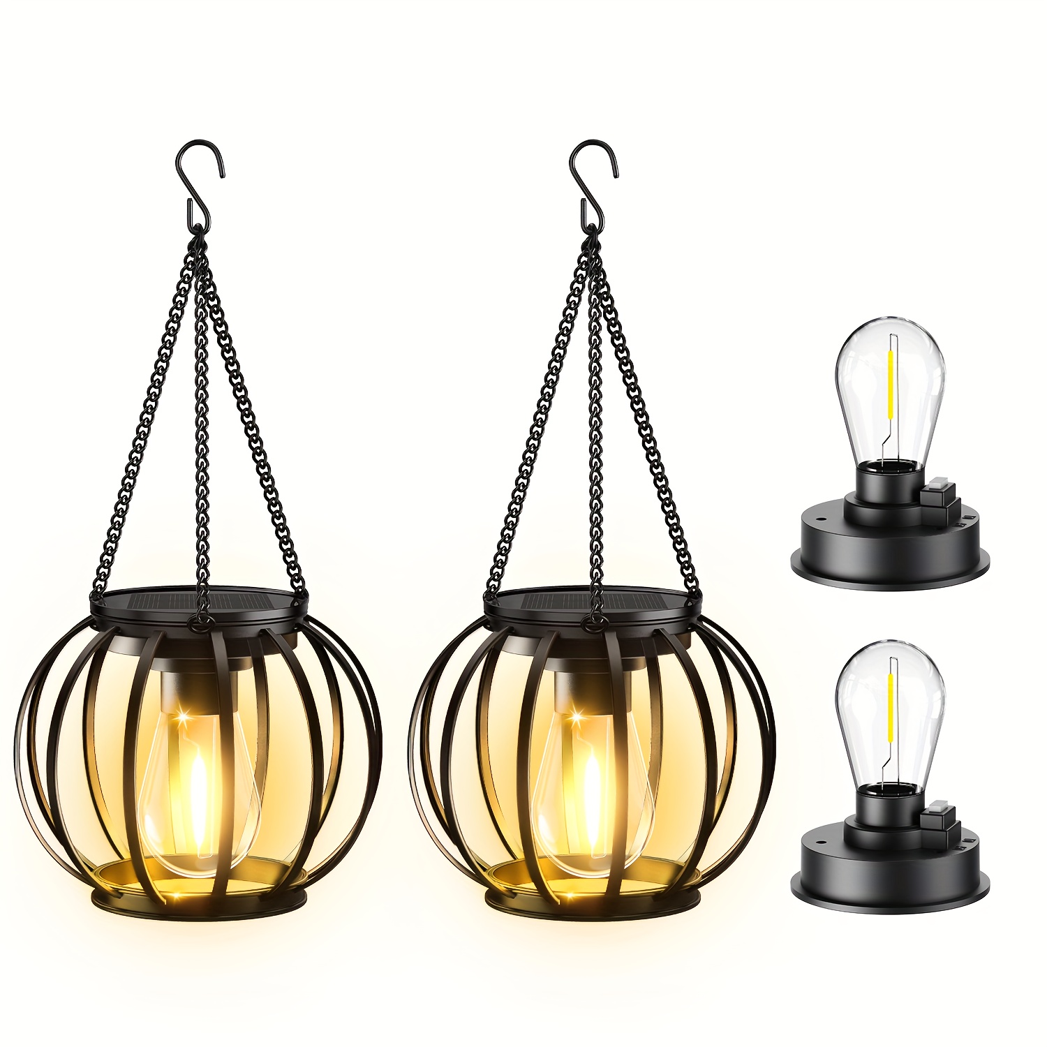 E-shop 4/2er Pack Metall Solar Außenleuchten, Schwarz & Bronze Hängende Solar Laternen mit größerer LED-Glühbirne, Solarleuchten Gartendekoration für