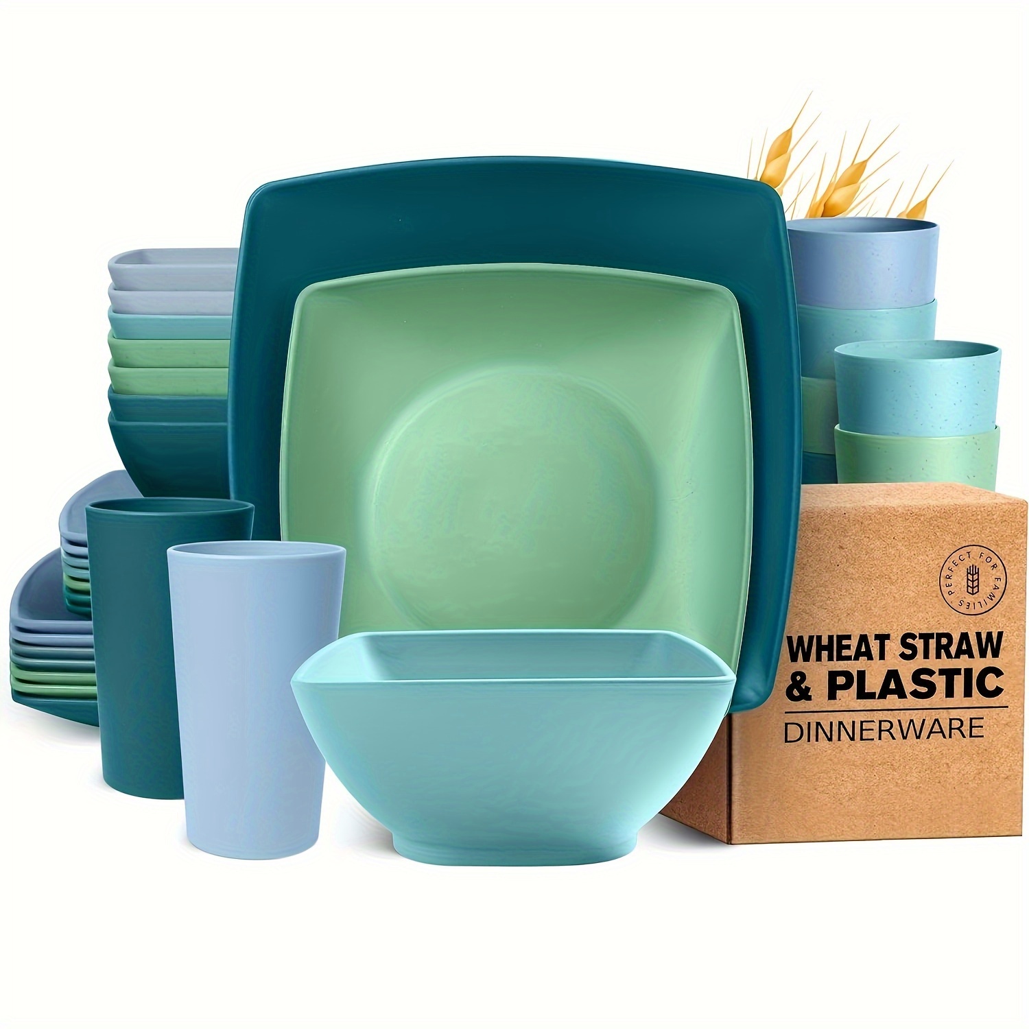 

Teivio 32-piece Plastic Wheat Straw Square Dinnerware Set For 8, Unbreakable Dinner Plates, Salad Plates, Snack Bowls, Tumblers 20 Oz, Dishwasher Safe, Sky Multicolor