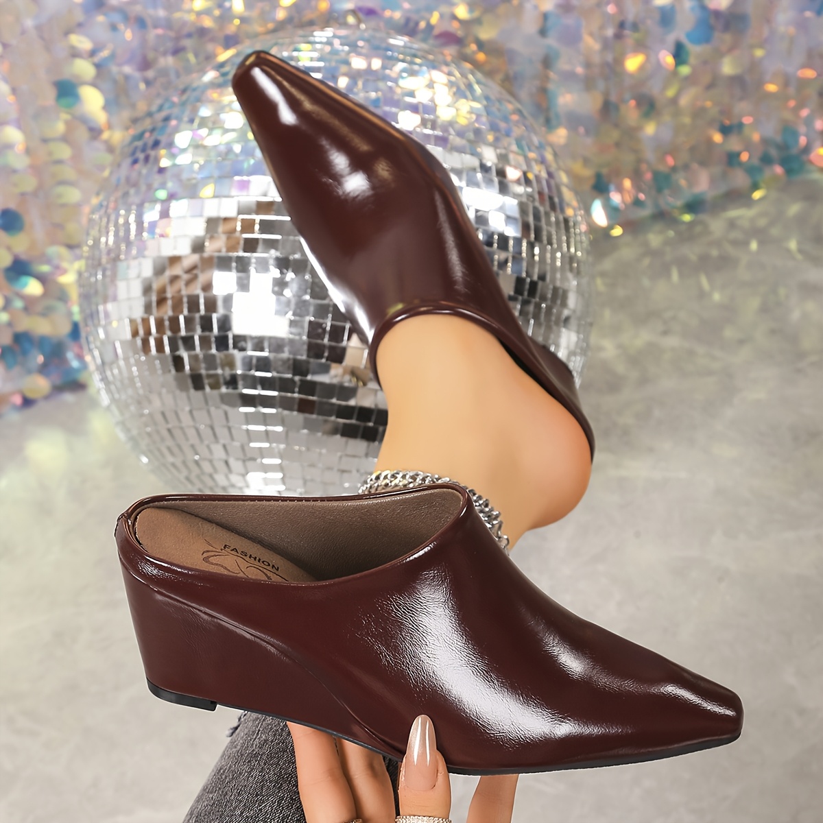 dfm womens slip chunky platform wedge heel mules pointed toe