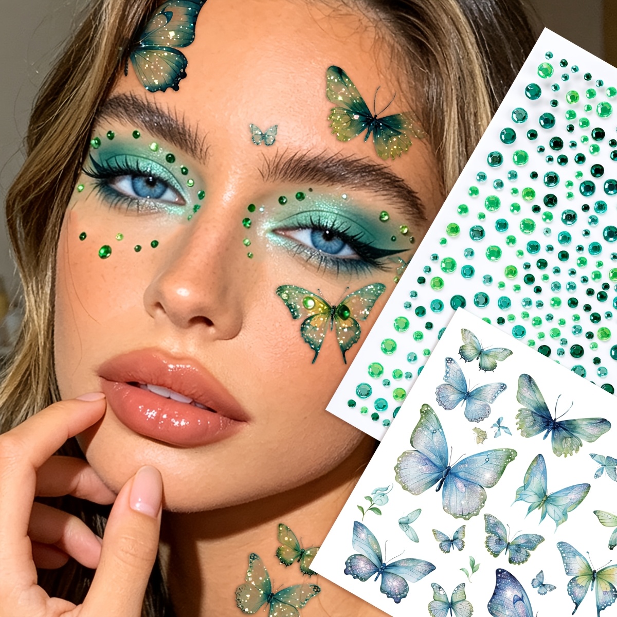 TEMU 2pcs Shiny Large And Small Rhinestone + Glitter Fresh Y2k Self-adhesive Rhinestone Face Gems, Diy Concert Music Gift Disco Party Glitter