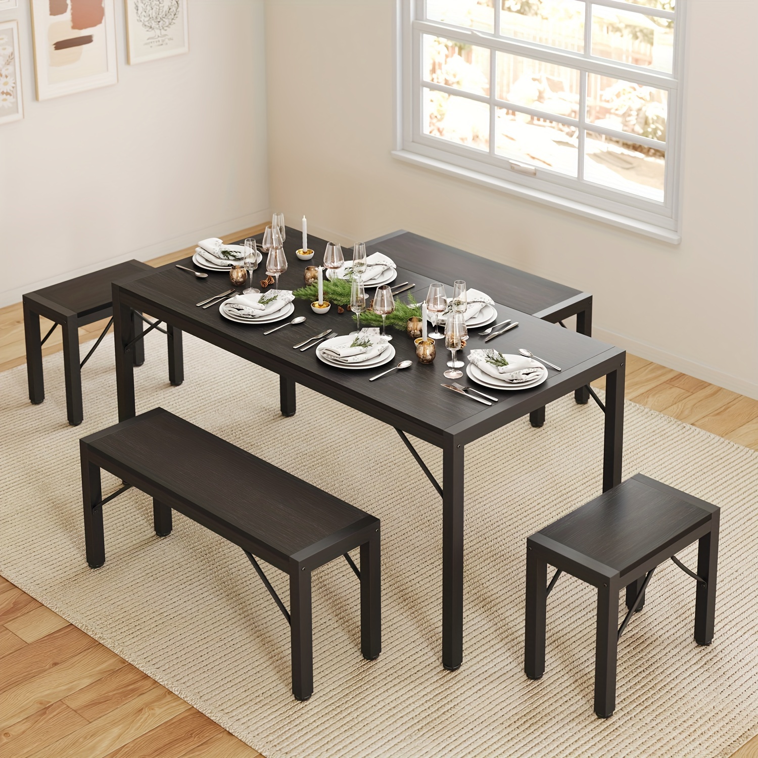 Non-Folding 5pcs Indoor & Outdoor Dining Table Set, 6 Seater Patio Kitchen Table with 2 Benches & 2 Stools, Industrial Space-Saving Set for Picnic, Camping, Backyard