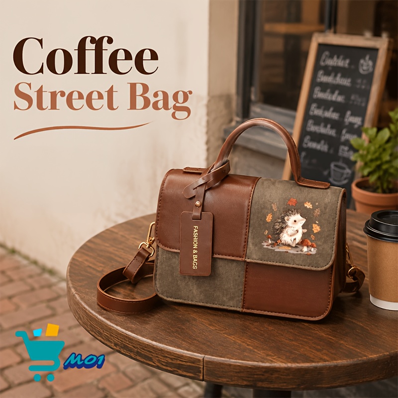 TEMU 1pc Autumn Hedgehog With Leaves And Mushrooms Pattern Printed Women's Pu Material Bag Featuring A Fabric Design Small Handbag Decorated Handbag