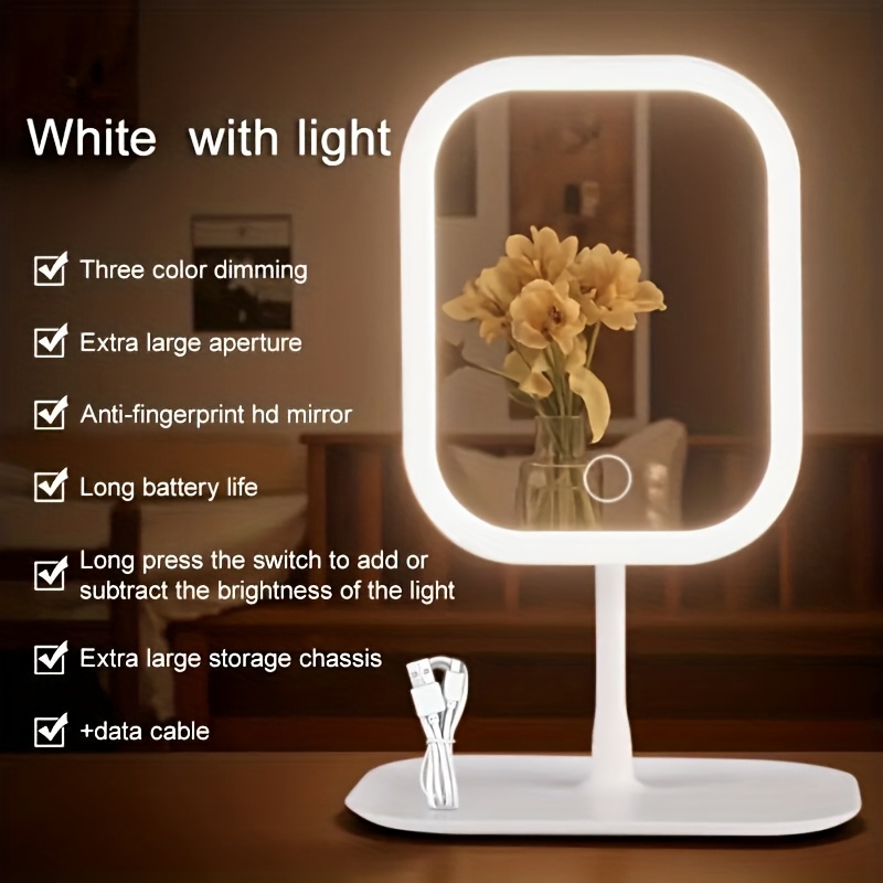 TEMU Smart Makeup Mirror With High-lumen Led Lighting | Spacious Vanity Area, Portable , Rotatable , Touch-sensitive Switch, 3 Lighting , Usb