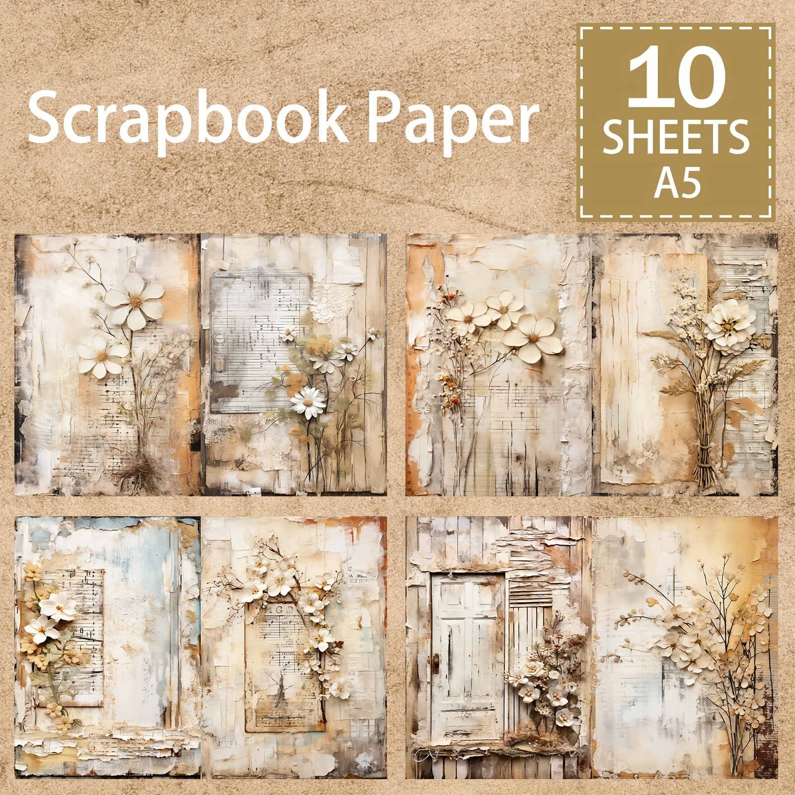 

10 Sheets A5 Size Retro White Flower Distressed Door Background Material Decoration Diy Retro Journal Junk Journal Greeting Card Planner Scrapbook Background Card Pad