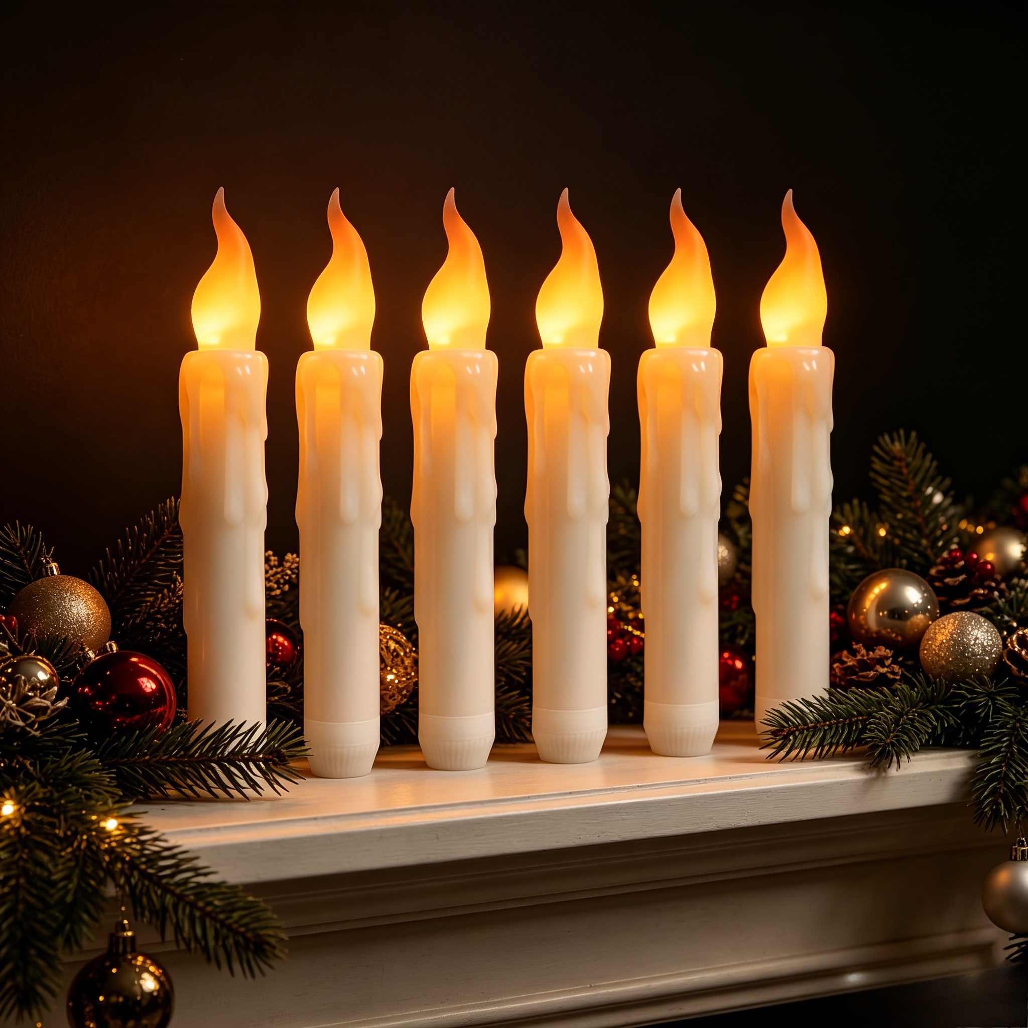 TEMU 6pcs Warm White Led Candle Lights-tall Candle-shaped Lights With Realistic Tear-drop Wax And Flickering Flames; No Power Cord