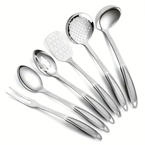 Küchenutensilien-Set aus Edelstahl, 6-teilig, Kochutensilien-Set, Küchengadgets-Essentials, inklusive Metall-Spatel-Set, Schneebesen, Löffel, Servierlöffel, Rechenlöffel, Schneidgabel, abgerundete