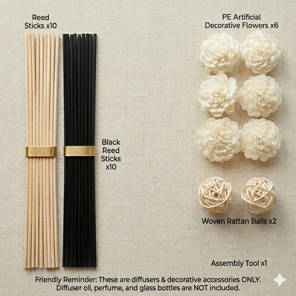 TEMU Reed Diffuser Stick Set With Artificial Pe Floral Rattan Balls, Home Fragrance Decor Additions. This 29pcs Kit Includes 20 Diffuser Sticks, 6 Pe