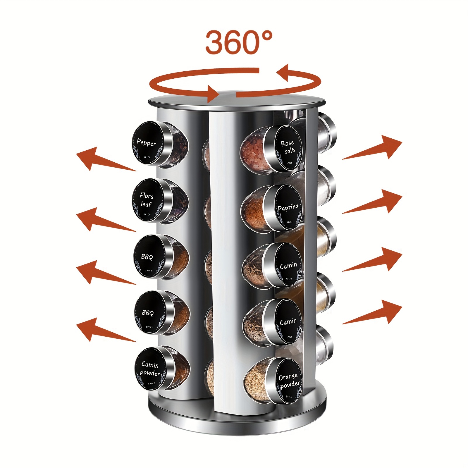 

Miorkly Round Spice Rack With 20 Round Spice Jars, 360° Rotating Stainless Steel Spice Carousel, Spice Organiser, Vertical Spice Rack, With Sprinkler,