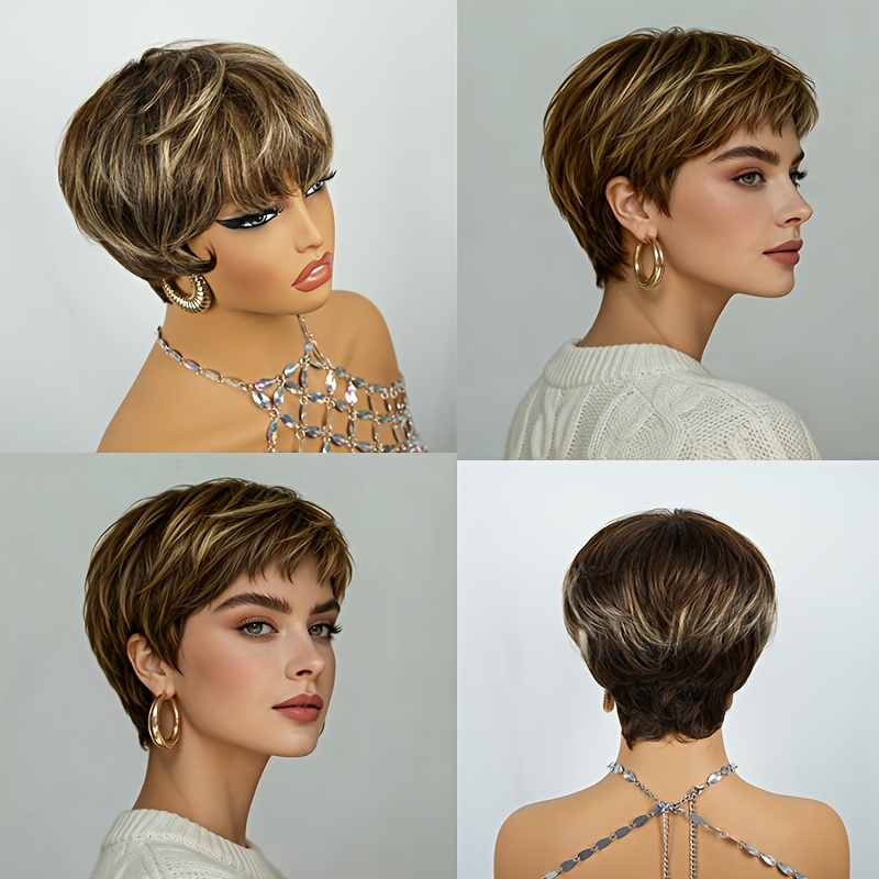 Image of Brazilian Human Hair Wig Suitable For Women - 4/27 Short Layered Cut With Bangs & Highlights, Elastic, Straight Hair Wig For Daily Wear & Parties, High Density Volume, Suitable For